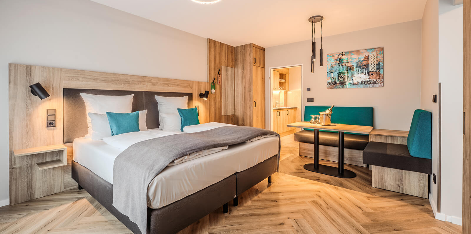 AH Deluxe Family Room with sliding doors and kitchen