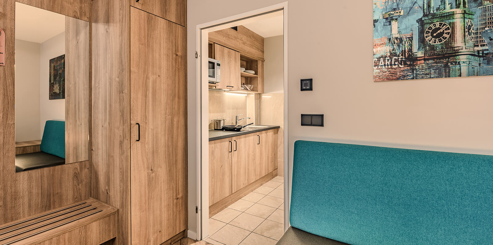 AH Deluxe Family Room with sliding doors and kitchen